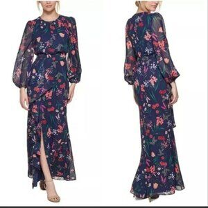 NWT Eliza j Navy Floral Cascade Ruffle Long Sleeve Dress.  SZ 6